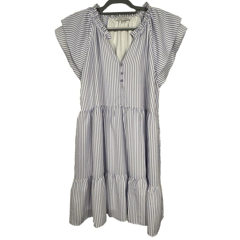 Joy Joy Women’s Ruffle Short Sleeve Blue WHITE Striped Dress XL NWOT Cottagecore